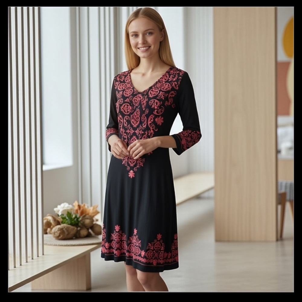 South Main Medium  Black and Pink Paisley Patterned  long sleeve​​